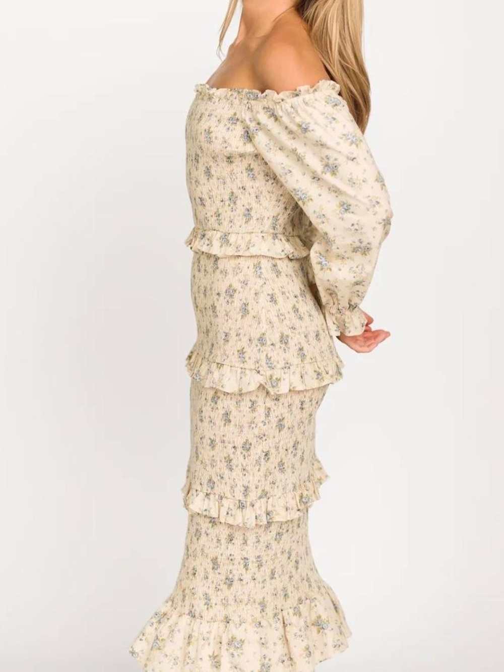 Worth Collective Lila Floral Smocked Midi Dress Blue Ivory XS NWT Bump Friendly